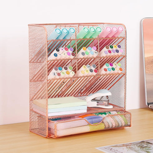 Spacrea Pen Holder Desk Organizer - Pencil Holder with 10 Compartments and 1 Drawer, Rose Gold