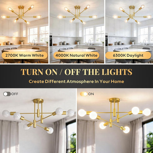 6-Light Sputnik Chandelier Gold, Mid-Century Modern Ceiling Light Fixture for Dining Room, Kitchen, Living Room
