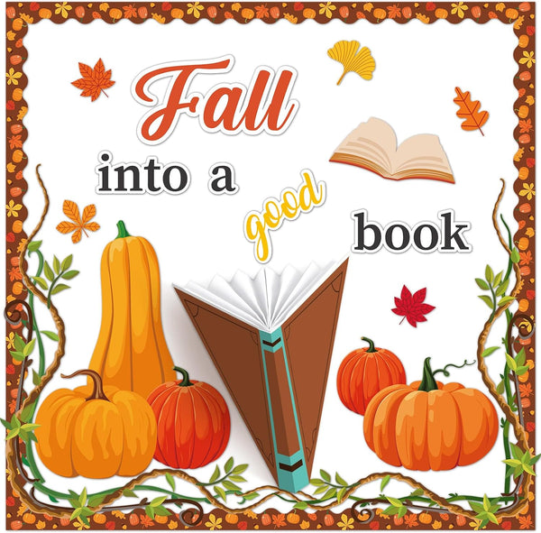 Fall into a Good Book Bulletin Board, Classroom Decorations with Pumpkin Cutouts and Autumn Maple Leaves