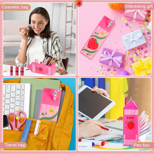 AmazingSpark Milk Carton Pencil Case Silicone Strawberry Graduation Pencil Pouch Waterproof Pen Bag Cute Standing