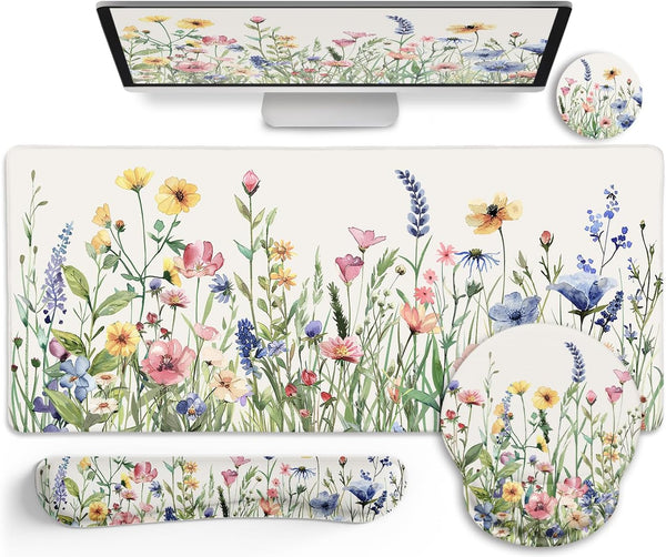 Flower Mouse Pad Set, Large Desk Mat for Desktop, Ergonomic Mouse Pad with Wrist Rest, Gaming Mouse Pad Wrist Support,