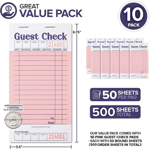 (10 Pack) 500 Stock Your Home Pink Guest Check Books for Servers Server Note Pads, Waiter Checkbook, Food Receipt Book