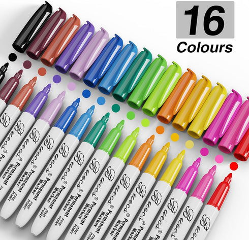 Buecs 96 Count 16 Permanent Markers, Fine Point Permanent Markers, colors, Waterproof & Smear Proof Markers, Quick