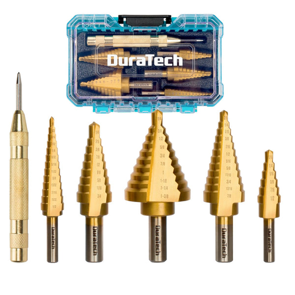 DURATECH 6-Piece Step Drill Bit Set with Automatic Center Punch, 50 Sizes in High Speed Steel, Titanium Coated, Storage
