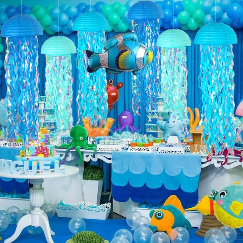 10" 6 ADLKGG Jellyfish Paper Lanterns Lamps - Gradient Blue Under the Sea Party Decorations for Mermaid Theme Birthday