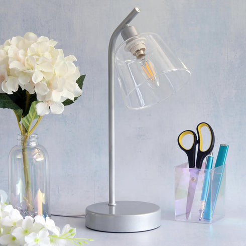 LD1080-SLV 16" Simple Designs Sleek Essentials Modern Industrial Metal Desk Lamp with Clear Glass Shade, for Office