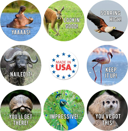 Motivational Animal Stickers, 500 Incentive Labels Roll, 1.5" Funny Inspirational School Clinic Reward Stickers