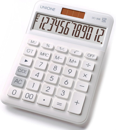 UNIONE Big Size Calculator with a Bright LCD, Dual Power Handheld Desktop. Color. Business, Office, High School 5×7in (White)