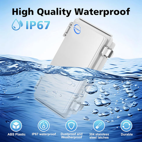 Waterproof Outdoor IP67 Junction Box (7.9"x3.9"x2.8") with Hinged Grey Cover, Wall Brackets, Weatherproof ABS Plastic