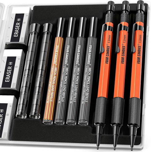 Four Candies 3PCS 1.3mm Mechanical Pencil Set with Case, Metal Heavy Duty Carpenter Pencils, 48 Refill