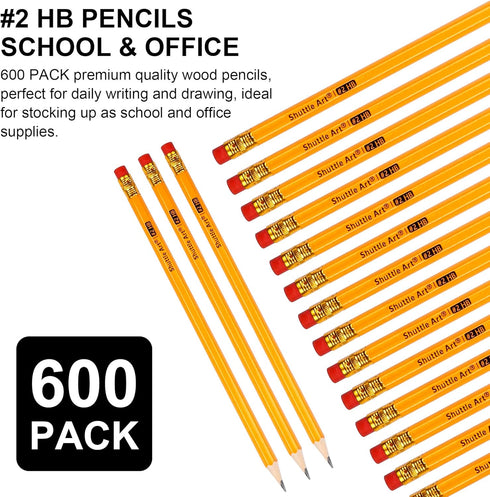 Shuttle Art Wood-Cased #2 HB Pencils, 600 Pack Sharpened Yellow Pencils with Erasers for School Supplies