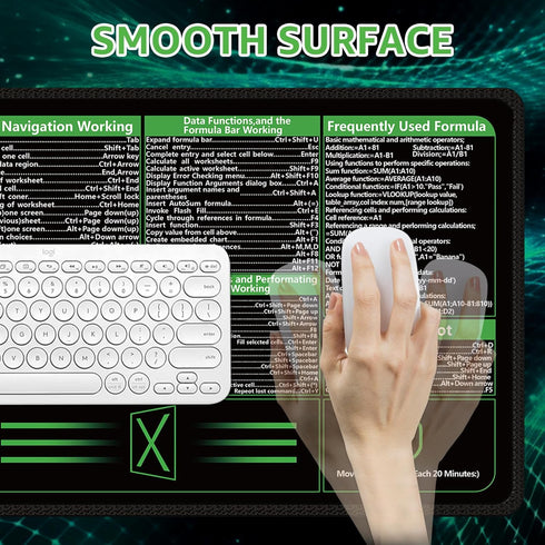 iCasso Excel Cheat Sheet Desk Pad, Extended Large XXL Non-Slip Mousepad with Stitched Edges for Computer (Black)