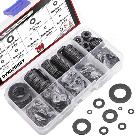 DYWISHKEY 700 Pieces Black Zinc Plated Steel Flat Washers Assortment Kit (9 Sizes M2-M12)