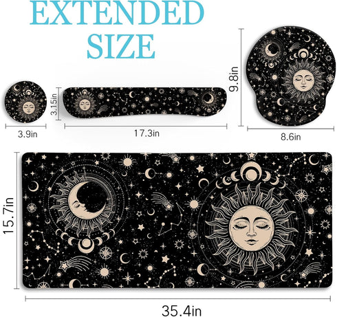 Sun Moon Mouse Pad Set, XXL Large Gaming Desk Mat with Wrist Rest, Ergonomic Mouse Pad, Home Office Decor