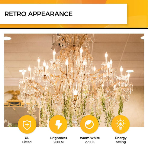 25 Bulbs, E12 Bulb Dimmable 2700K Bulbs, CA10 Bulbs, 90+ 200LM, 12 Pack Hizashi Watt Candelabra LED Soft Warm White