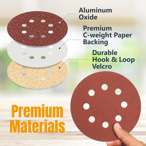 POWERTEC 25PK Sanding Discs, 5 Inch, 40 Grits, Hook and Loop, 8 Hole Aluminum Oxide Sandpaper for Random Orbital Sander