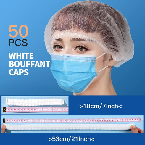 LEOBRO Hair Nets for Food Service Workers, 50PCS Hair Net, Hairnets for Foodservice, Kitchen Hair Nets for Women Men Cooking, Non-woven Bouffant Caps, Disposable Hair Cap, White, 21 Inch
