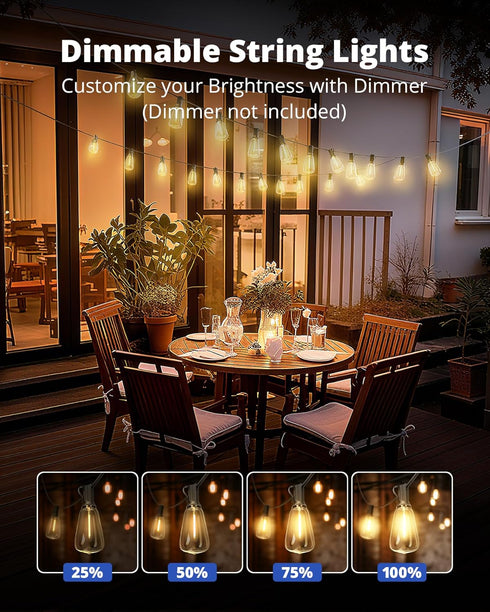 25FT IPX5 10+1 ST38 Bulbs, 2700K VIPAR Outdoor String Lights LED Patio Lights Waterproof with Shatterproof Edison