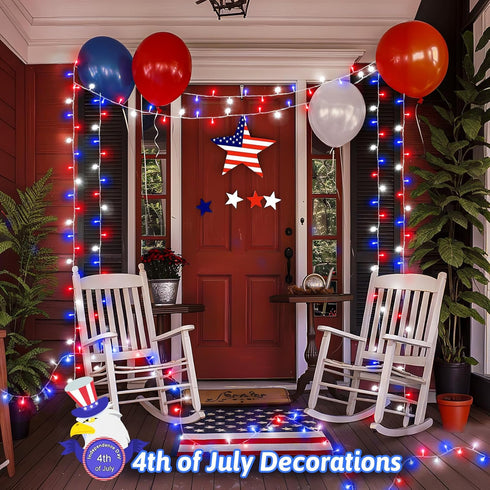 FFZZKJ 4th 100 33ft 2-Pack Red White and Blue Lights String for of July Decorations Outdoor Total LED for Memorial Day