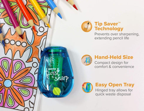 Bostitch Office Pencil Sharpener - Twist-N-Sharp, 3-Pack with 12 Colored Pencils for Kids Activities