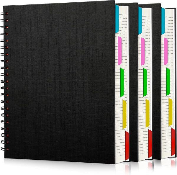 EUSOAR Notebook with Tabs, 3 Pack A4 Letter Size, Black Hardcover Spiral 5 Subject Notebook, 120 Sheets, 100GSM