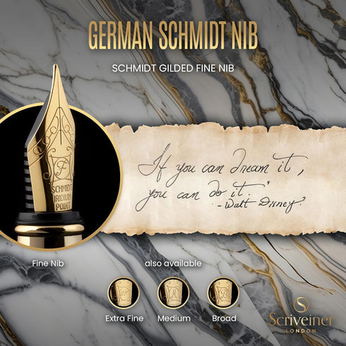 Scriveiner Silver Chrome Fountain Pen - Stunning Luxury Pen with Real Gold Finish, Schmidt Gilded Nib (Fine), Best Gift