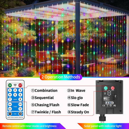 10 10Ft 300LED 8 Dimmable Solar Curtain Lights Outdoor x Waterproof Waterfall Light with Modes Remote USB Rechargeable
