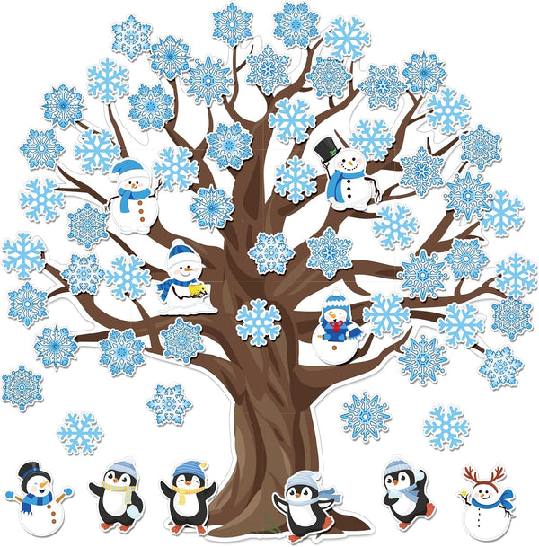 Whaline 104Pcs Winter Tree Bulletin Board Decoration, Snowflake Tree Snowman Penguin Cutouts for Holiday Party School