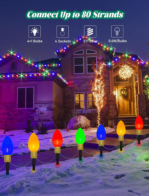 C9 7Ft 4 C9 Bulbs, Christmas Pathway Stake Lights, String Lights with Jumbo Multicolor LED Stake, Christmas Decorations