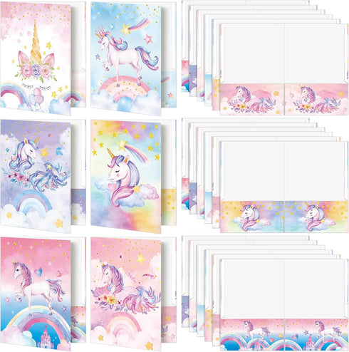 Kosiz 12 Pieces Cute Unicorn Pocket Folders, Kawaii Homework Folders for Girls, Back to School Gift, Classroom Teacher