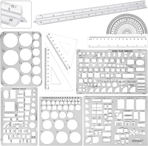 Zonon 10 Pcs Plastic Drawing Template Ruler - 12 Inch Triangular Aluminum Architect Scale Measuring Templates