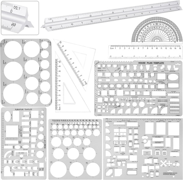 Zonon 10 Pcs Plastic Drawing Template Ruler - 12 Inch Triangular Aluminum Architect Scale Measuring Templates