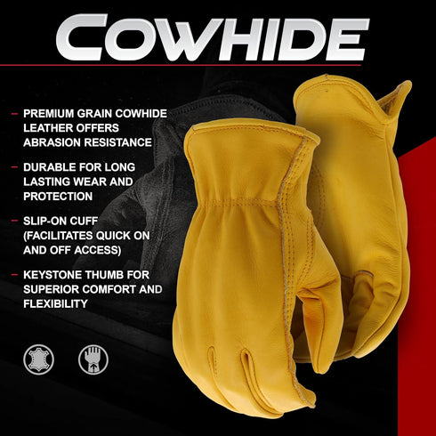 Boss Men's Durable Grain Cowhide Leather Driver Work Glove, Abrasion Resistant, Large Yellow (B81021-L)