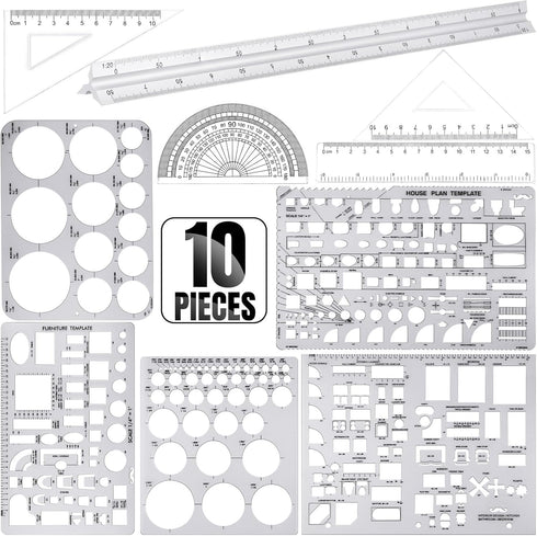Zonon 10 Pcs Plastic Drawing Template Ruler - 12 Inch Triangular Aluminum Architect Scale Measuring Templates