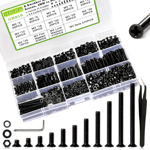 K Kwokker 1480Pcs M3 4mm 35mm M3 Countersunk 3D 4/5/6/8/10/12/16/20/25/30/35mm Flat Head Phillips Machine Screws