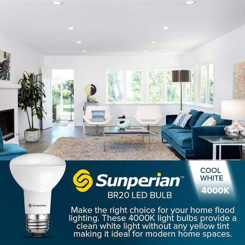 SUNPERIAN 6 Pack BR20 LED Bulb, 6W=50W, 4000K Cool White, 550 Lumens, Dimmable Flood Light Bulbs for Recessed Cans, Enclosed Fixture Rated, Damp Rated, UL Listed, E26 Standard Base by SUNPERIAN