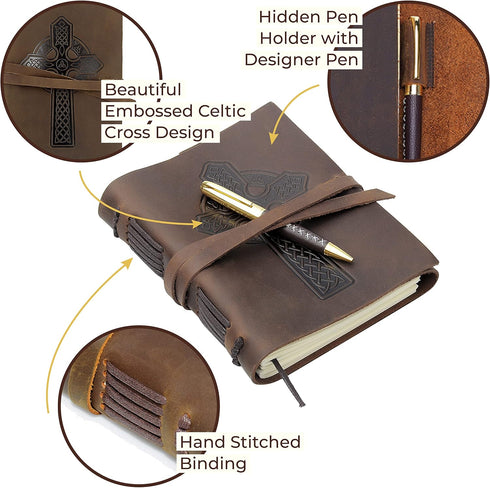 Leather Journal Embossed Cross Notebook, Handmade Travel Diary, A5 Vintage Writing Bound Journal for Men & Women,