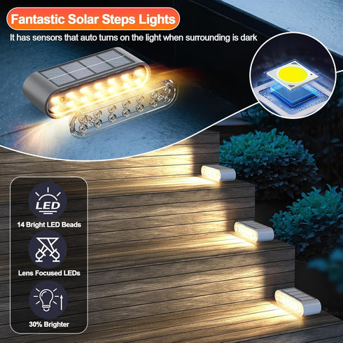 6-Pack IP67, 14 Solar Step Lights for Outside, Stair Light Outdoor Waterproof LED Warm White Light Solar Powered