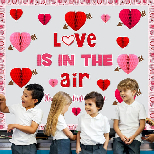 Valentine's Day Bulletin Board Decoration, 3D Heart Honeycombs Love is in The Air Cutouts for Classroom Decor
