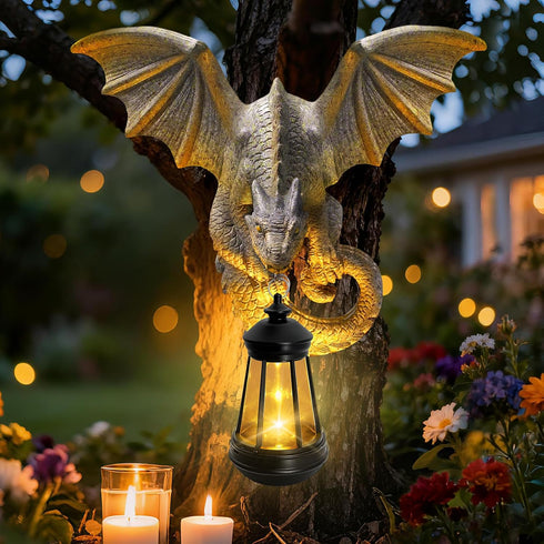 Dragon Tree Hugger Garden Statue - Resin Dragon Figurine Wall Hanger Sculptures Decor with Solar Lantern Lights