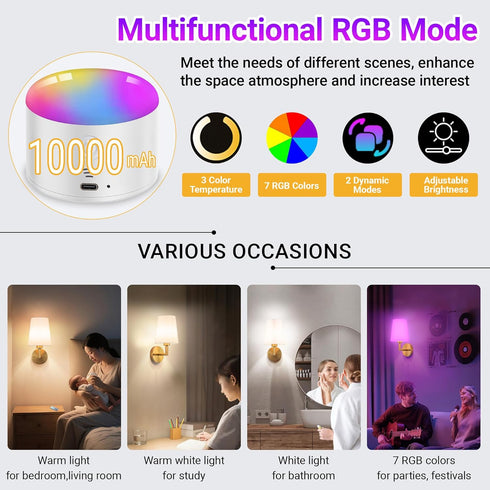 Set 2, 10000mAh Dimmable Battery Operated Wall Sconces of Rechargeable Wall Lights with Remote, RGB LED Sconce Lighting