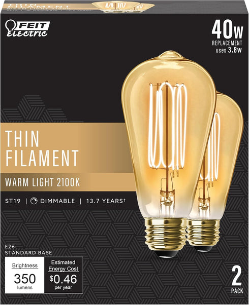 Feit Electric ST19 Vintage Edison LED Light Bulb, 40W Equivalent, Dimmable, 2100 Warm Light, 2 Pack