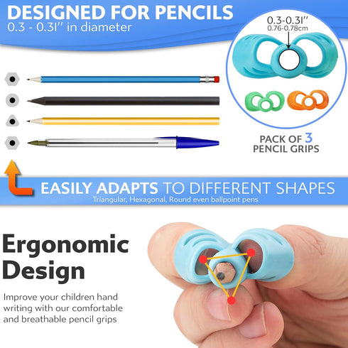 Stylo Pack of 3 Pencil Grips for Kids, Perfect Handwriting Holders for Home Schooling and Preschool Writing Tools