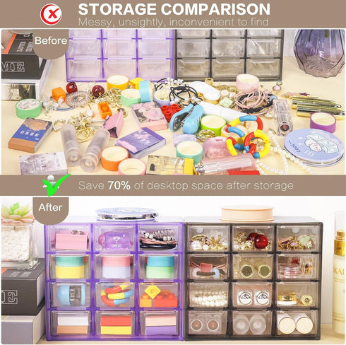 Desk Storage Organizer with 12 Mini Drawers - Clear Desktop Craft Drawer Cabinet for Makeup and Office Supplies