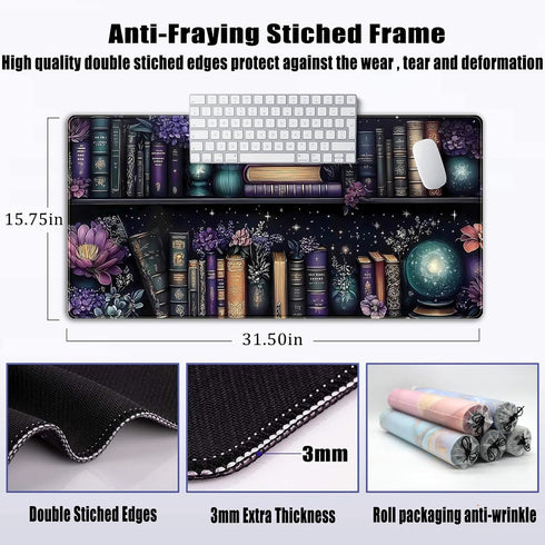 FGRWW 31.5x15.7 Purple Flowers Bookshelf Desk Mat Bookish Desk Pad Celestial Floral Books Large Mouse Pad XXL Extended