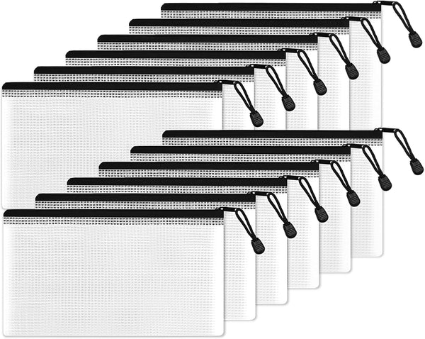 SUNEE Plastic Mesh Zipper Pouch 4x9 in (Black, 12 Packs) - Small Water-Resistant Zip Bag for School Office Supplies