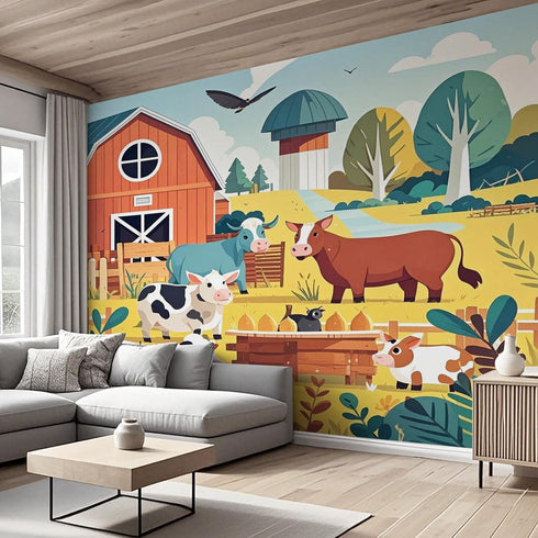 MazoAzuria Farm Animal Wall Mural, Dairy Cow Wallpaper for Bedroom, Farmhouse Mural for Living Room Dining Room Home