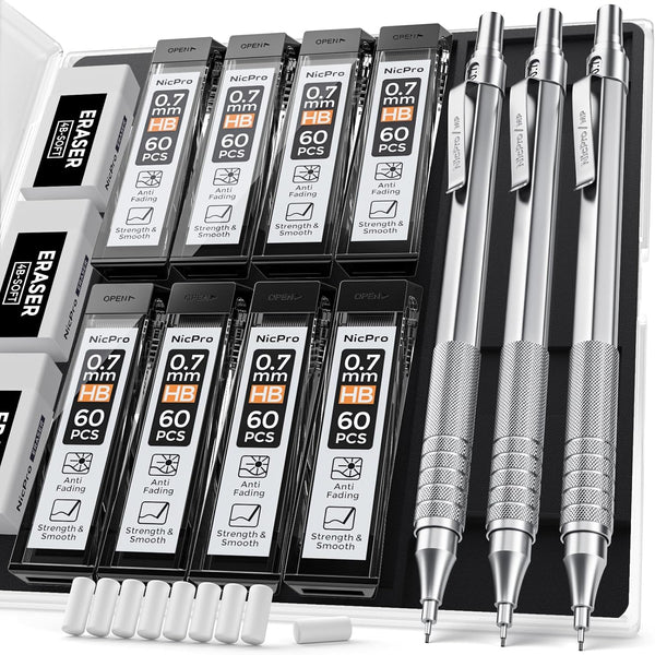 Nicpro 0.7 Metal Mechanical Pencil Set with Case, 3PCS MP1000 0.7mm Artist Lead Pencil with 8 Tube HB Refills, 3 Erasers