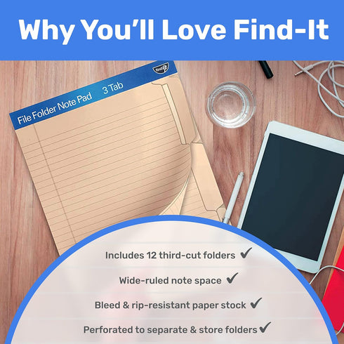 Find It File Folder Notepad - Manila - Pack of 12 - 9.5 x 12.5 Inch Notebook Organizer for Filing and Document