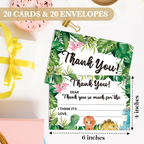 HMJKL 20 Pack (07) Dinosaur Thank You Cards Fill In The Blank, Dino Thank You Notes For Kids, Greenery Thank You